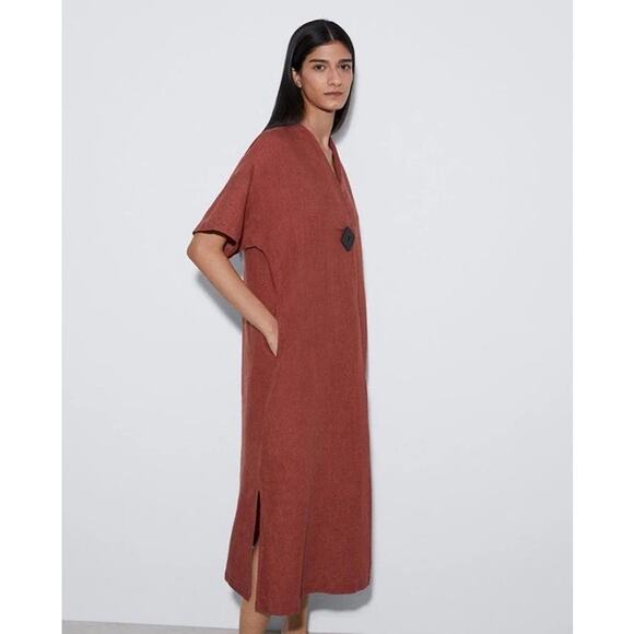 Adolfo Domínguez Rust Linen Midi Dress Minimalist Kimono Wrap Style Women M - Picture 2 of 8